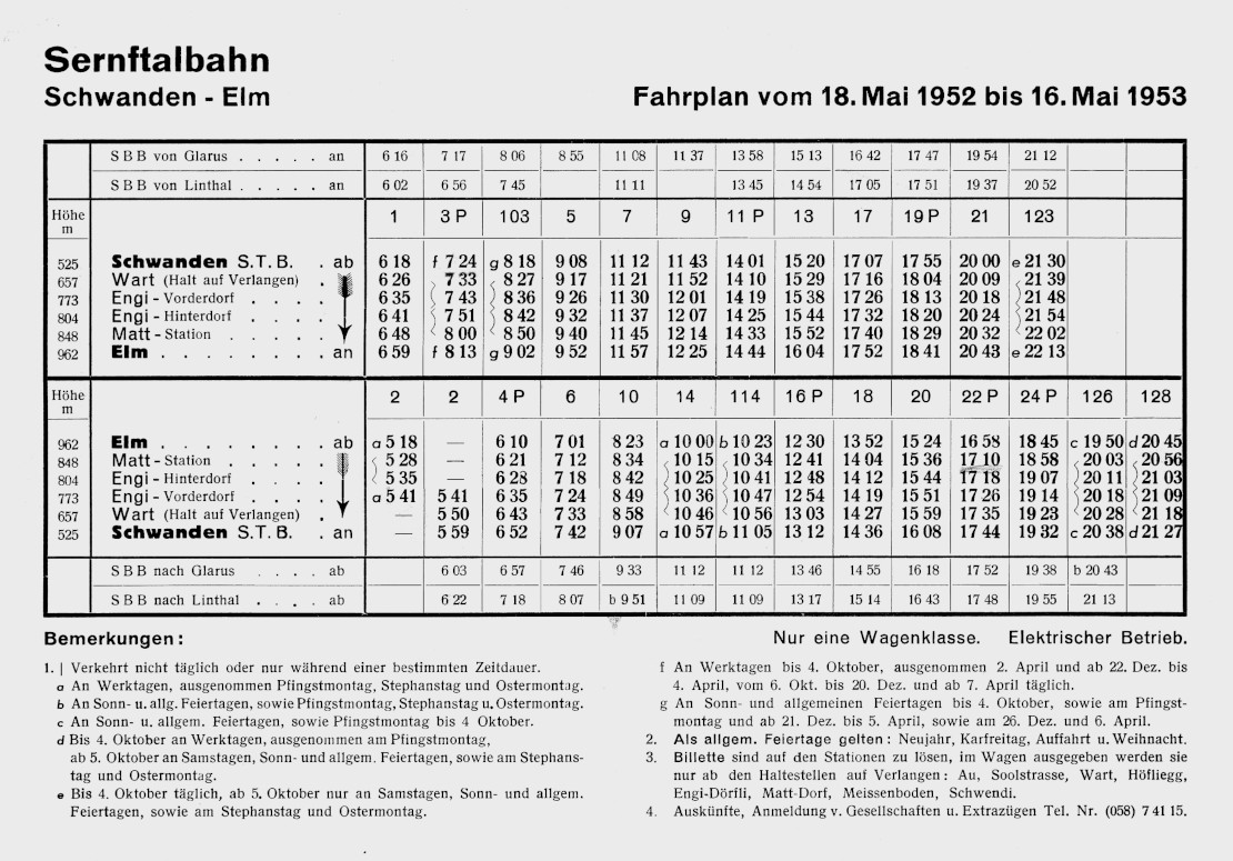 Der Fahrplan der Sernftalbahn von Mai 1952 bis Mai 1953.